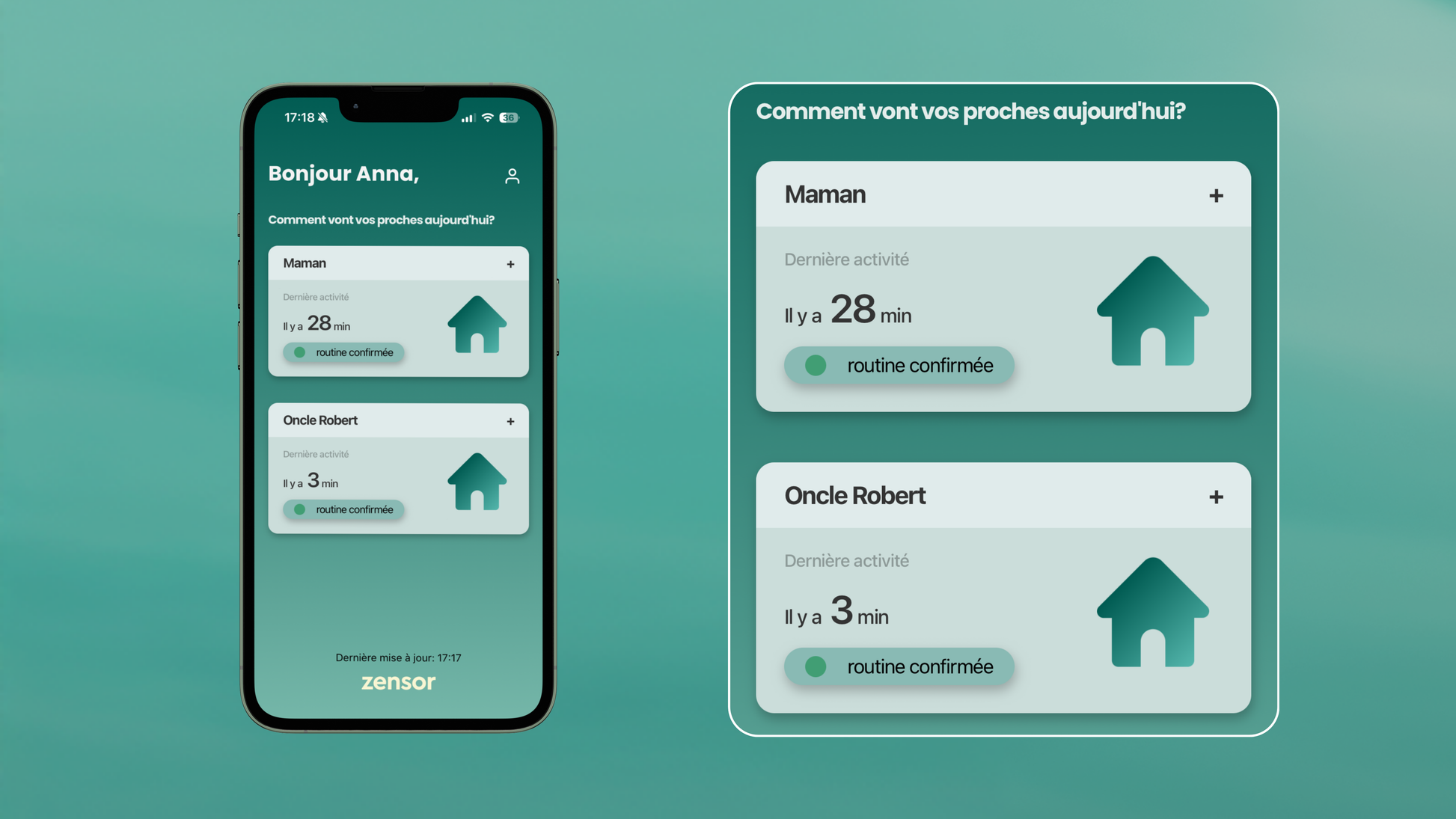 Two smartphone screens displaying a home monitoring app on a green background
