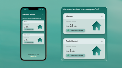 Two smartphone screens displaying a home monitoring app on a green background