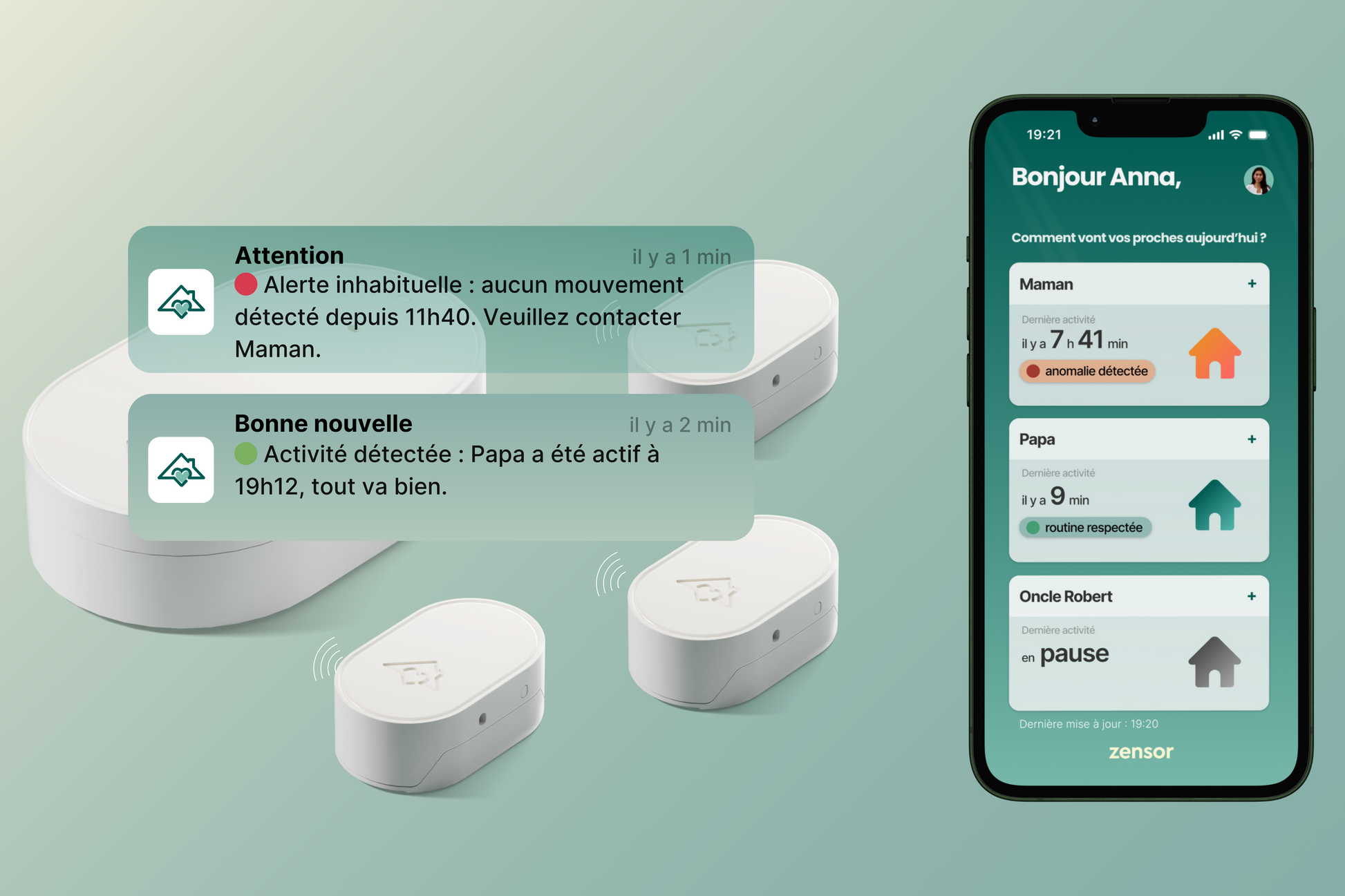 Smart home device with smartphone app  and notifications on a light green background