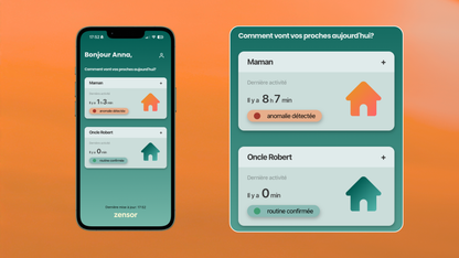 Two smartphone screens displaying a home monitoring app on an orange background