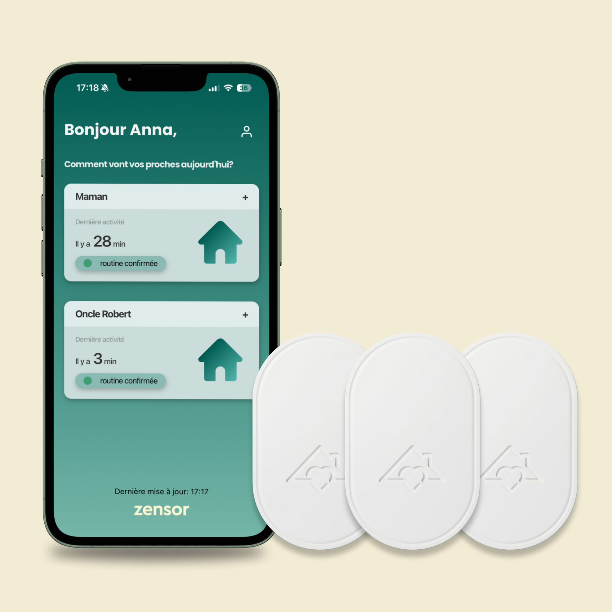 Smartphone displaying an app interface with Zensor devices on a beige background