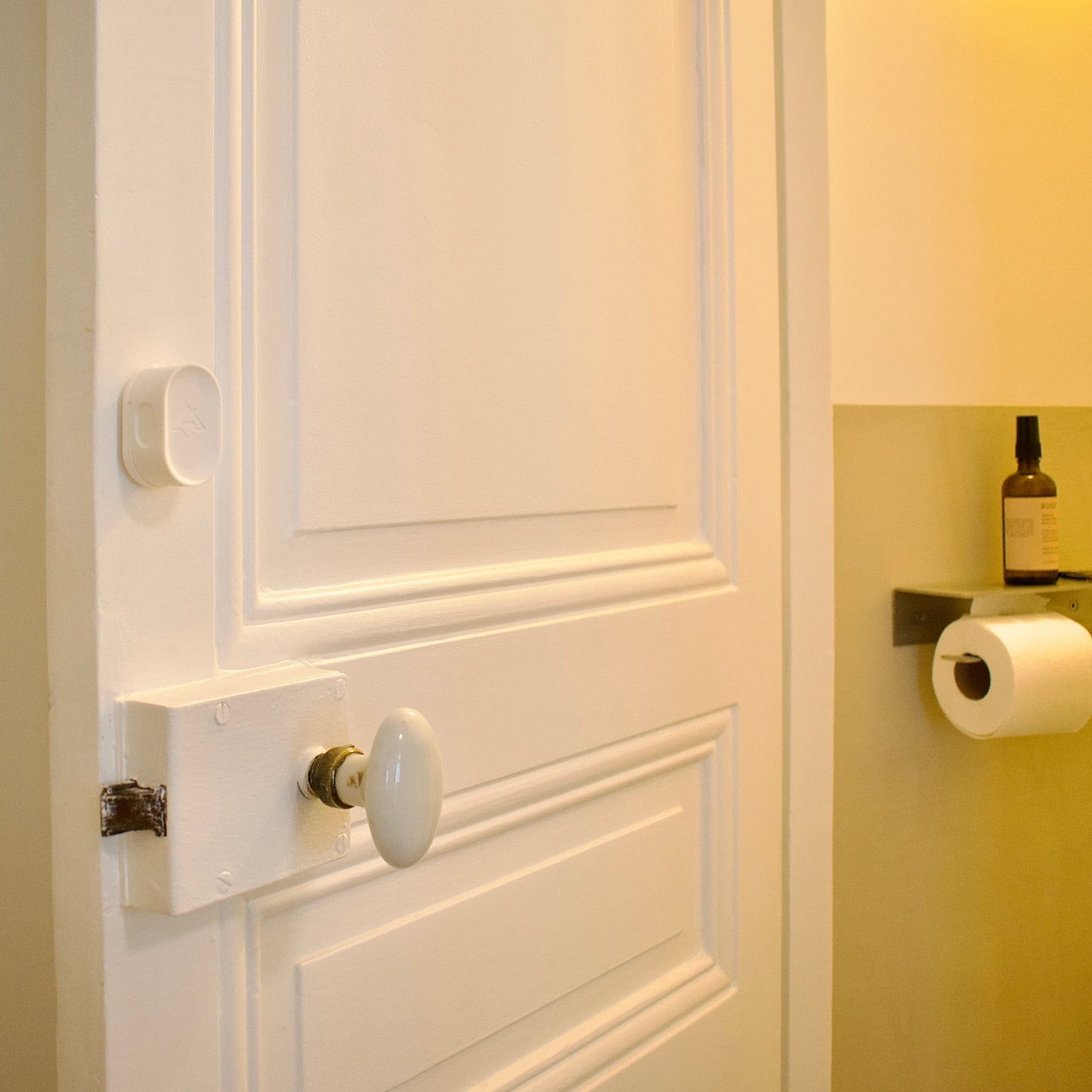 Close-up of a white door with a doorknob and a roll of toilet paper on a wall.